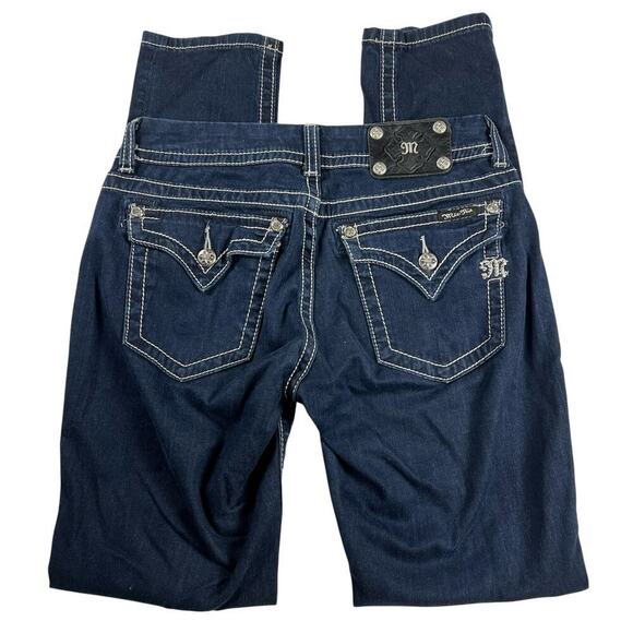 Miss Me Skinny Jeans Dark Wash Embellished Flap Pockets Thick Stitching Size 30 - Picture 1 of 13